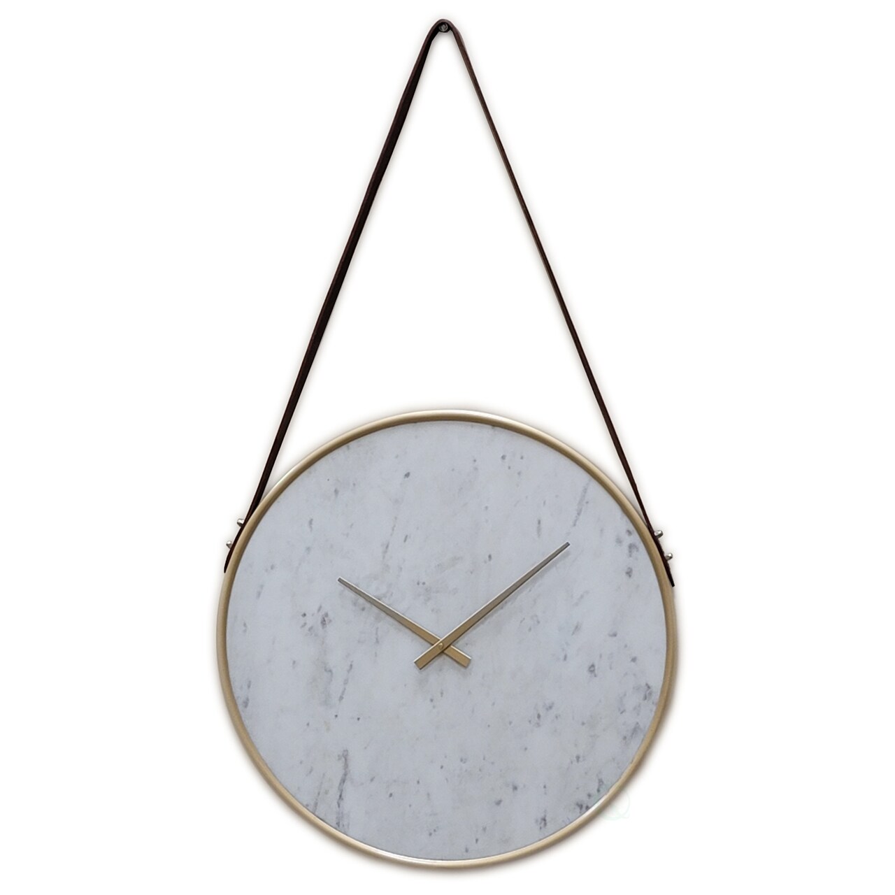 Decorative Contemporary Metal Wall Clock Marble Look Face, Gold Rim and Handles with Hanging Band, for Dining, Living Room, or Kitchen